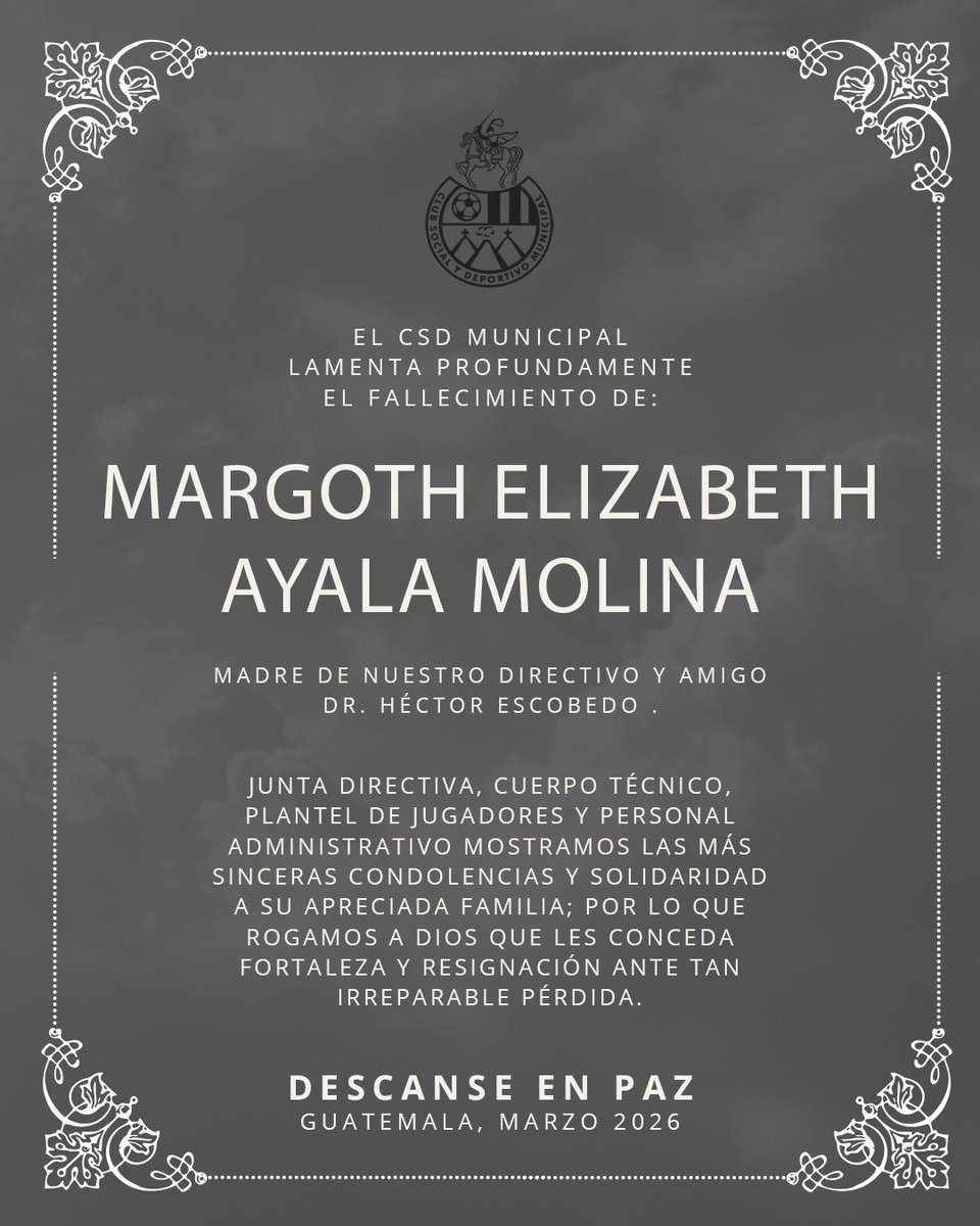 Lamentamos el sensible fallecimiento de la señora Margoth Elizabeth Ayala Molina, madre de nuestro querido amigo y directivo, Dr. Héctor Escobedo.

Enviamos nuestras más sinceras condolencias a su familia y seres queridos, deseándoles fortaleza y paz en este difícil momento.