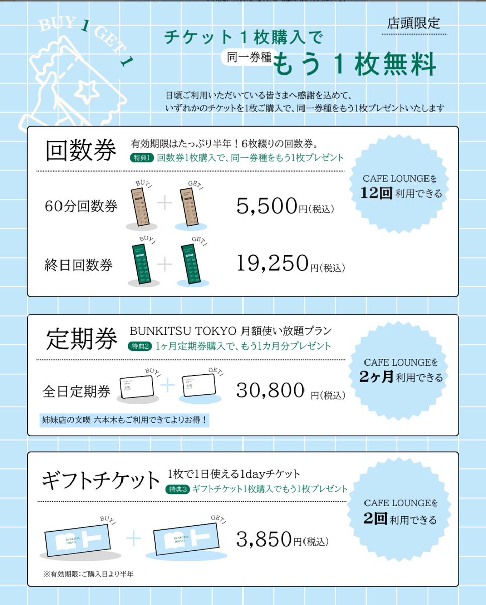 ニュウマン高輪BUNKITSU TOKYOの開業半年記念、
回数券だと12回19,250円(1回1,600円)で結構安くないかな。

フリードリンク付、モニター・半個室あり、未就学児無料なので、色々使えそう。
