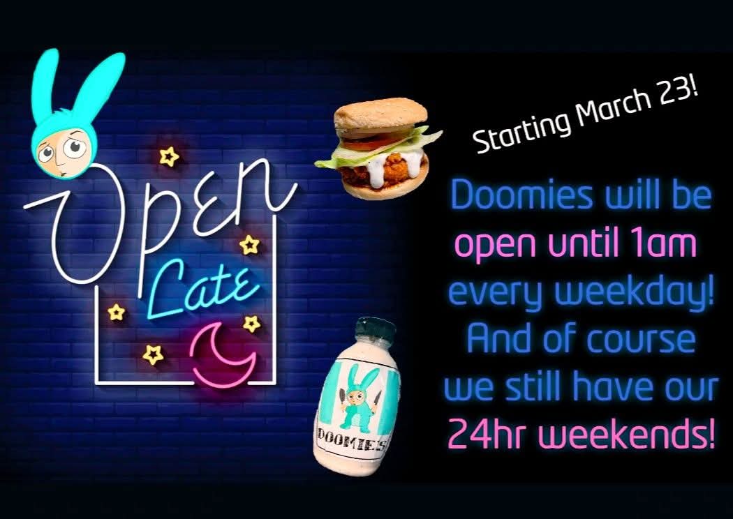 Starting next week March 23 we'll stay open Mondays thru Thursdays til 1am 🖤 Hope to serve you whenever you need us 🌱
Mon 11am - 1am
Tues 11am - 1am 
Wed 11am - 1am 
Thurs 11am - 1am
Fri 11am ---> all night into
Sat 24 hours --->
Sun open ---> 3am late night