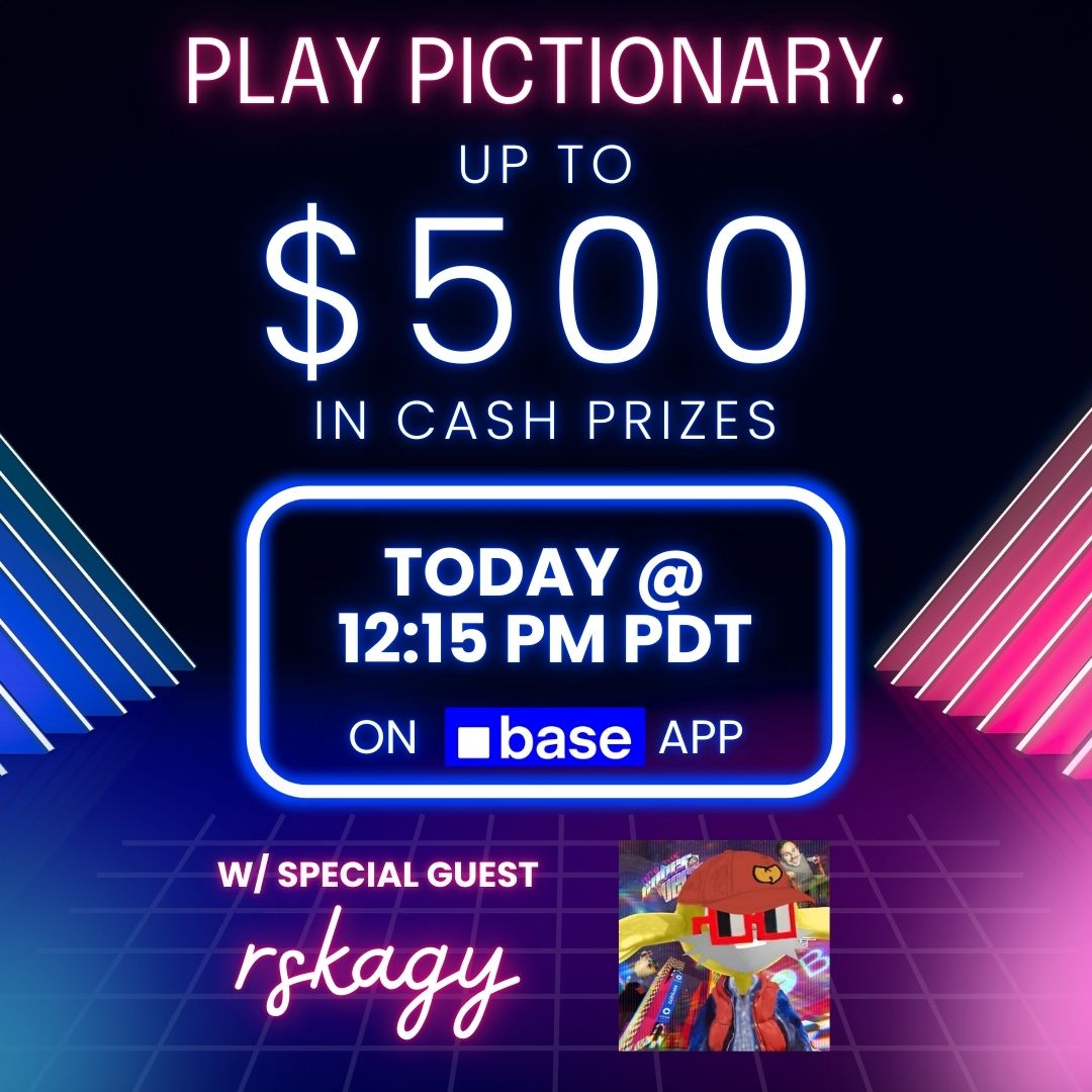 $500 up for grabs in today's game: Pictionary. 

Special guest <a href="/RSKAGY/">rskagy.base.eth 👁️🚪 d/acc #BasedCreators ⏹</a> from <a href="/TheAgencyVC/">The Agency (Project 3)</a>, <a href="/TitaniumFi/">Titanium Finance</a>, and <a href="/BasedCreators/">Create on Base ⏹</a> 

How to play:
1⃣ Follow + ♥️ + RT 
2⃣ Comment Base app EVM 
3⃣ Get "CreatorDAO Games" on Base app

Join us LIVE at 12:15pm PDT!