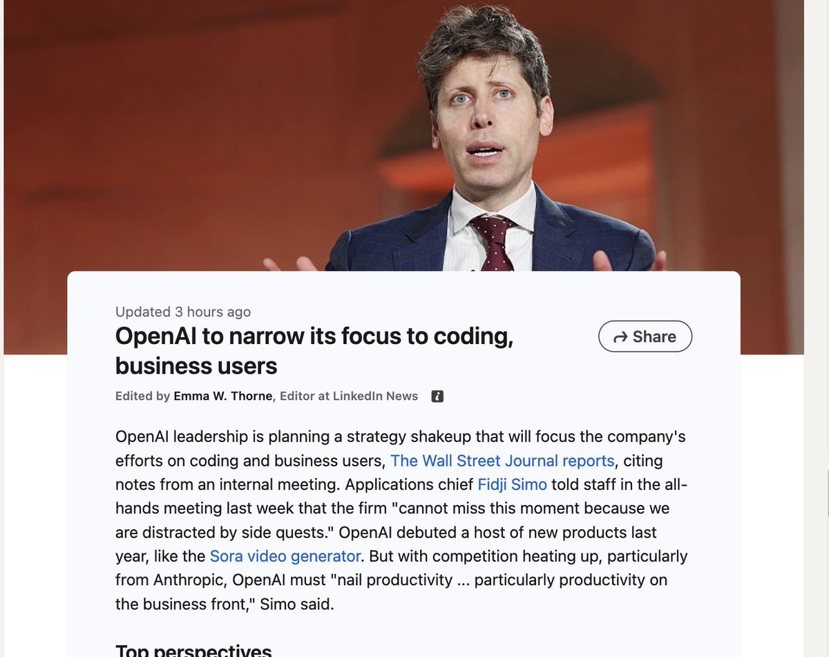 aarif4935's tweet photo. Less Sora, more software. OpenAI is pivoting to win back the devs from Anthropic. ⚔️🤖 https://t.co/lGbiclo63i