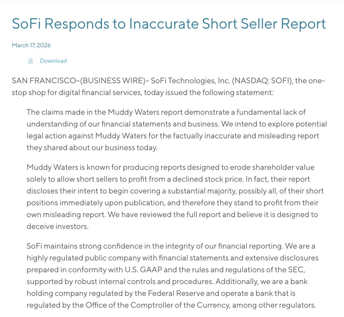 StockMKTNewz's tweet photo. $SOFI just responded to the short seller report from today

"The claims made in the Muddy Waters report demonstrate a fundamental lack of understanding of our financial statements and business. We intend to explore potential legal action against Muddy Waters for the factually inaccurate and misleading report they shared about our business today.

Muddy Waters is known for producing reports designed to erode shareholder value solely to allow short sellers to profit from a declined stock price. In fact, their report discloses their intent to begin covering a substantial majority, possibly all, of their short positions immediately upon publication, and therefore they stand to profit from their own misleading report. We have reviewed the full report and believe it is designed to deceive investors.

SoFi maintains strong confidence in the integrity of our financial reporting. We are a highly regulated public company with financial statements and extensive disclosures prepared in conformity with U.S. GAAP and the rules and regulations of the SEC, supported by robust internal controls and procedures. Additionally, we are a bank holding company regulated by the Federal Reserve and operate a bank that is regulated by the Office of the Comptroller of the Currency, among other regulators."
