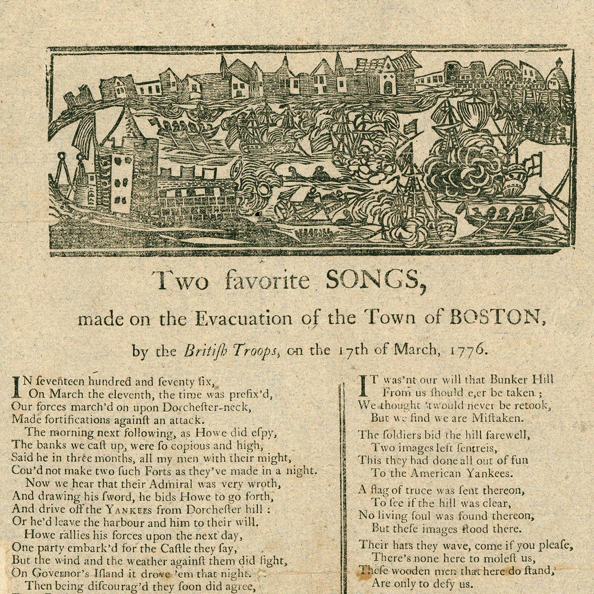 LibertyCo1776's tweet photo. "Two Favorite Songs" – one of a series of broadsides rejoicing in the retreat of the British troops from Boston. Image courtesy of @mhs1791 archives.
#evacuationday #boston https://t.co/EHS163JaJO