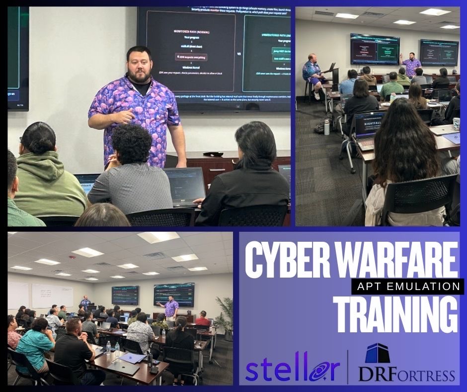 Day 1 of Project Nightfall is in full swing 🔐

Hands-on APT emulation, real-world attack scenarios, and an awesome group diving into red team tactics with Stellar Technologies.

Let’s go 💻⚡

#InfoSec #CyberSecurity #DRFortress
