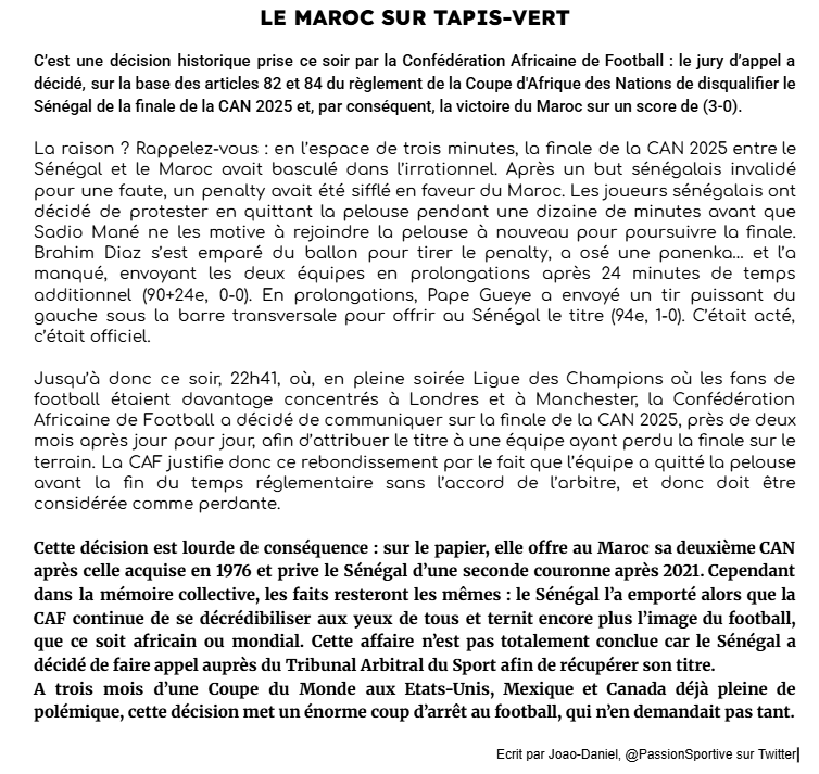 passionsportive's tweet photo. Décision historique prise par la Confédération Africaine de Football : le Maroc remporte la #CAN2025 administrativement, après la victoire du Sénégal sur le terrain. Explication et résumé d'une situation loin d'être terminée.
#MARSEN #SENMAR #CAN #Afcon https://t.co/TjiCTsxHNp