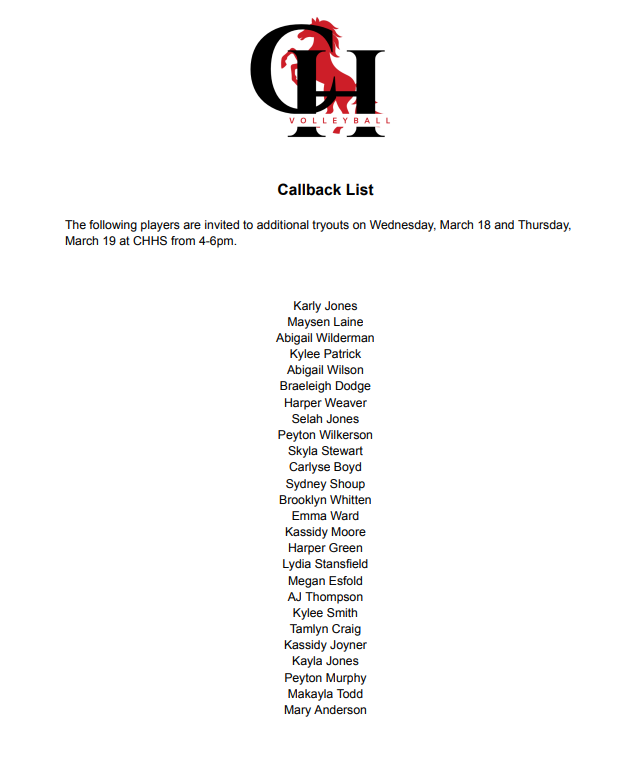 CoachOwensCHHS's tweet photo. 🏐After day 1 of CHHS Volleyball try-outs here is the callback list for tomorrow and Thursday! 🏐 https://t.co/coIWRVyaz8