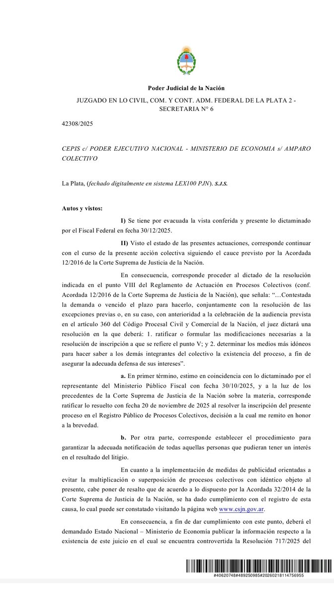 cepisOK's tweet photo. En virtud de lo resuelto en "CEPIS C/ PODER EJECUTIVO NACIONAL - MINISTERIO DE ECONOMIA S/ AMPARO COLECTIVO" En trámite ante JUZGADO EN LO CIVIL Y COM. Y CONT. Y ADM. FEDERAL DE LA PLATA 2 - SECRETARIA 6, se informa: https://t.co/dkjuK1E4wq
