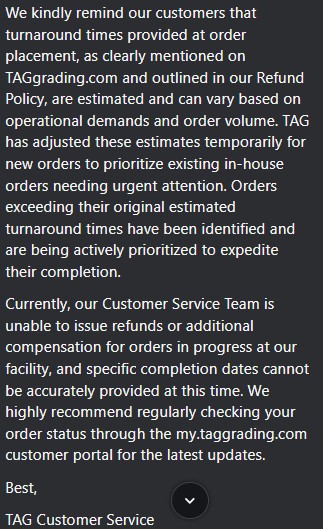 SoberJArmy's tweet photo. @TAGgrading @CardPurchaser Is this acceptable? Paid Standard Grading (Est. 15 Business Days) and it took #taggrading 29 business days to complete. Several communications back and forth and no apology, and no remedy to correct issue. Basically they have NO customer service. #pokemoncards