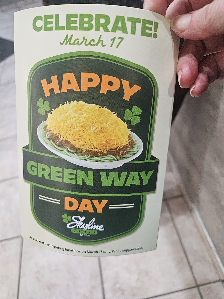 RockerJenn711's tweet photo. Got my traditional Cincinnati green 3 way from my favs @Skyline_Chili Happy St. Patrick's Day 🍀 https://t.co/5UDVqikyR6