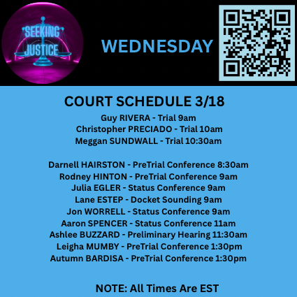 ⚖️ Here is your court docket curated from the files in Seeking Justice of who is scheduled to appear in court tomorrow.
🔎 Find current documents &amp; media related information pertaining to these cases and MANY others by scanning the QR code for free access to our Discord!