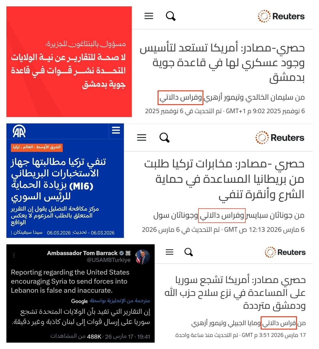 Khalidkh08's tweet photo. 3 أخبار من رويترز من آخر 4 أشهر فقط 
تم نفيها "وتكذيبها" بشكل رسمي من: البنتاغون, ومركز الرئاسة التركية لمكافحة التضليل, والسفير الأمريكي توم باراك, وأيضا الحكومة السورية في أكثر من مرة وأكثر من تقرير سابق.

والمشترك بينهم جميعا هو الصحفي المشارك فراس دالاتي @FerasDalatey 
- هذا دون ذكر تقارير رويترز في مارس الماضي التي حاولت فيها اتهام قادة وزارة الدفاع والعميد عبد الغني بإعطاء أوامر القتل في أحداث الساحل
ونشروه قبل تقرير لجنة التقصي الأممية التي نفت هذا الأمر، وكأن التقرير نشر للتأثير في مخرجات اللجنة الأممية
وأيضا تقريرهم عن أبو مريم الأسترالي وتحكمه بالبنك المركزي والإقتصاد من مكتبه في قبو المركزي 😆 والذي نشروه قبل يوم واحد من منتدى الاستثمار السعودي السوري الذي شهد توقيع اتفاقيات بقيمة 6 مليار دولار
كأن التقرير كان يريد تخريب المؤتمر وتخويف المستثمرين الأجانب
كل هذا وما سبق يظهر خطا تحريريا يكن عداء كبيرا  ومحاولة تصيد للدولة السورية من مكتب رويترز في لبن��ن المكلف بالشأن السوري، بدون تدخل حتى الآن من الوكالة الأم لعلاج هذا المشكل الذي يسيئ لسمعتها الدولية.