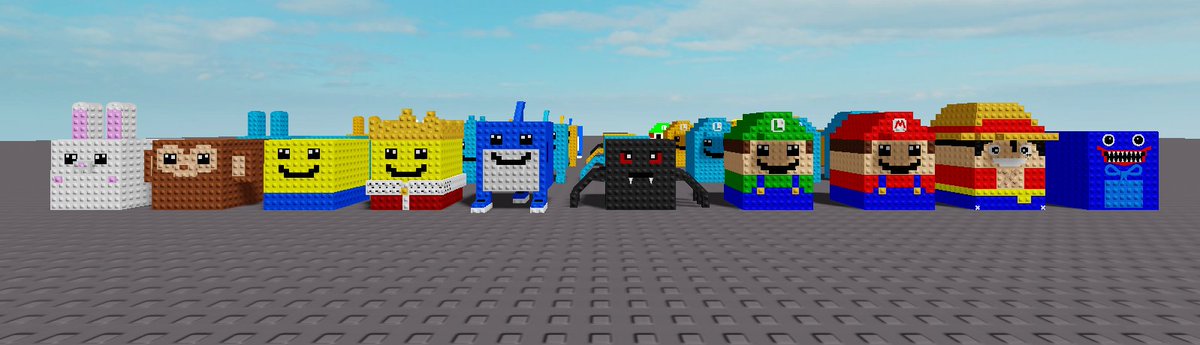 XtroRobloxDev's tweet photo. Commission for blocky character models has been finished. (Consists of 40 models with 4 mutations) (Bunny, Monkey, Noob, King, Trallalelo, Spider, Luigi, Mario, Luffy, Huggy Wuggy) https://t.co/8tlmfcnQgv