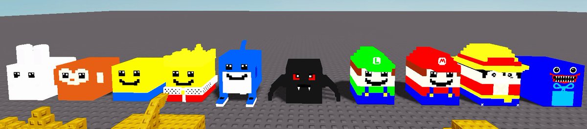 XtroRobloxDev's tweet photo. Commission for blocky character models has been finished. (Consists of 40 models with 4 mutations) (Bunny, Monkey, Noob, King, Trallalelo, Spider, Luigi, Mario, Luffy, Huggy Wuggy) https://t.co/8tlmfcnQgv