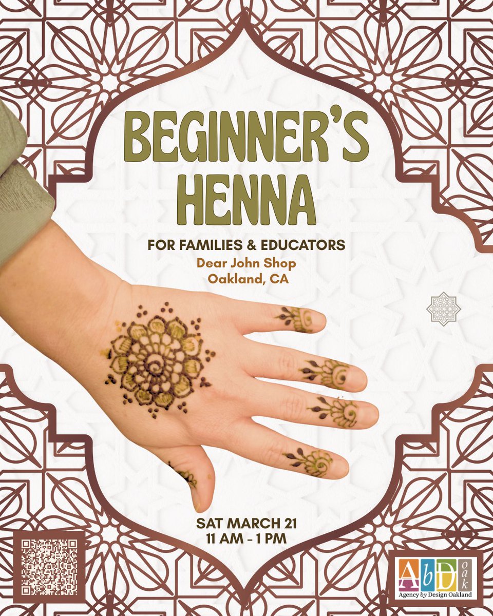 AbdOakland's tweet photo. Join our family-friendly henna (mehndi) workshop 🌿 Learn its history, cultural meaning &amp; when it’s appropriate to practice. Celebrate the end of Ramadan &amp; create your own design ✨

All materials, tea, coffee &amp; sweets included ☕ Ages 8+ welcome https://t.co/bP8JI268OD
