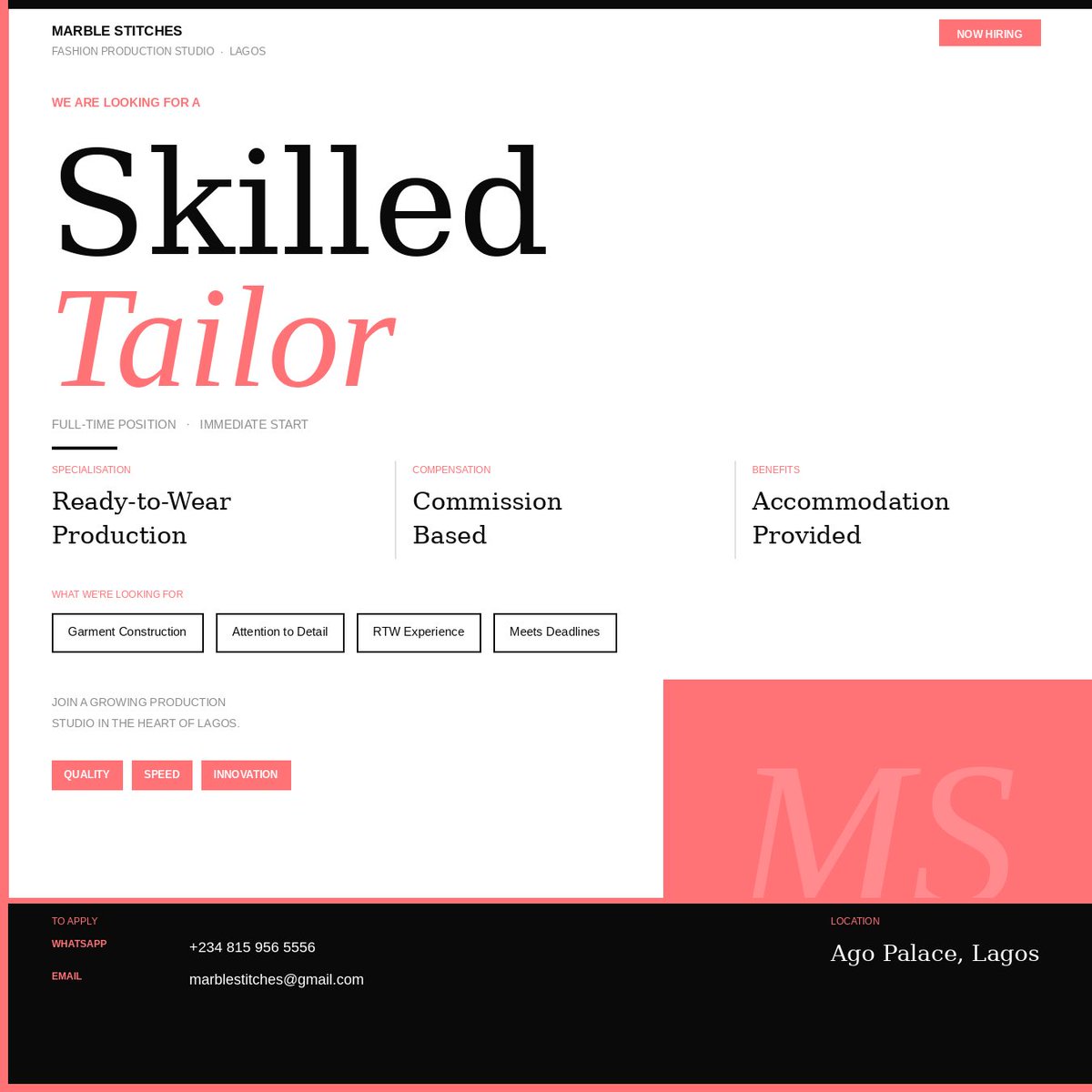 oabbyisrael's tweet photo. Know a skilled tailor in Lagos looking for full-time work?

We’re hiring at Marble Stitches @marble_stitches — RTW focus, accommodation included, commission-based.

📍 Ago Palace | 📲 +234 815 956 5556

Tag them or share this https://t.co/tkzEKN3j7C