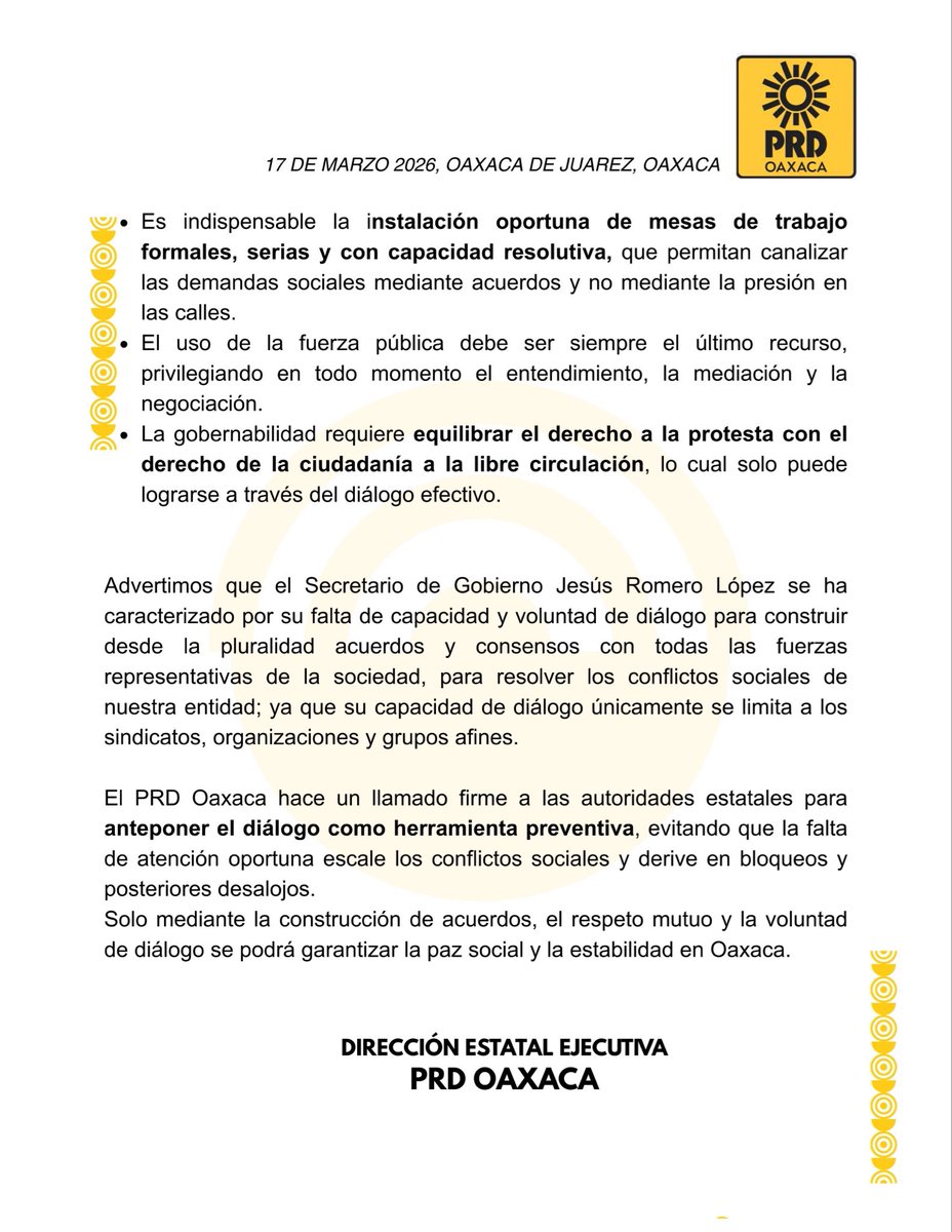 📢POSICIONAMIENTO| Hacemos un llamado firme a las autoridades estatales para anteponer el diálogo como herramienta preventiva, evitando que la falta de atención oportuna escale los conflictos sociales y derive en bloqueos y posteriores desalojos.

¡Por un nuevo comienzo Oaxaca!