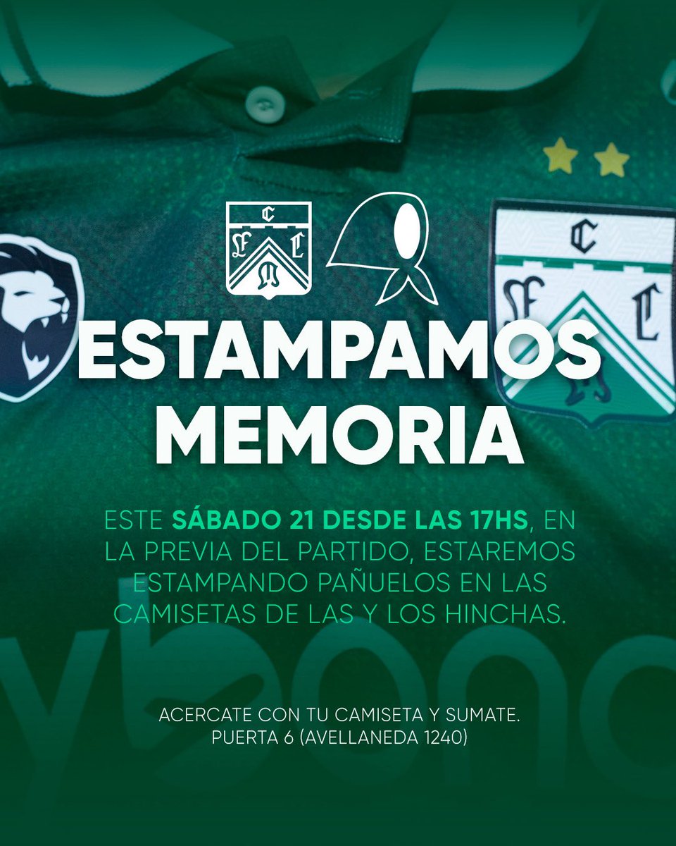 🏟️ Este sábado en Puerta 6 (Av. Avellaneda 1240), en la previa del partido de Ferro 🆚 Los Andes, te esperamos junto a <a href="/Ferro_DDHH/">🇳🇬 Ferro🇳🇬 Derechos Humanos y Acción Social</a> para estampar el pañuelo en tu camiseta. 🤍