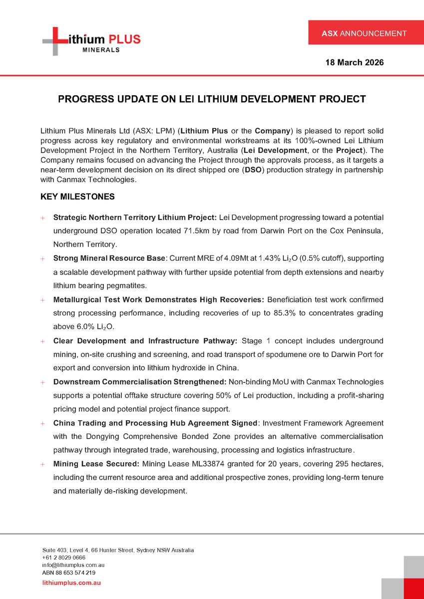 LithiumPlus_'s tweet photo. $LPM reports solid progress at its Lei Lithium Project, advancing the Project through a series of important regulatory, strategic and commercial milestones.

Read the full announcement: https://t.co/CUWwrDDY1A

#LithiumPlus #Lithium https://t.co/krp8QafXeM
