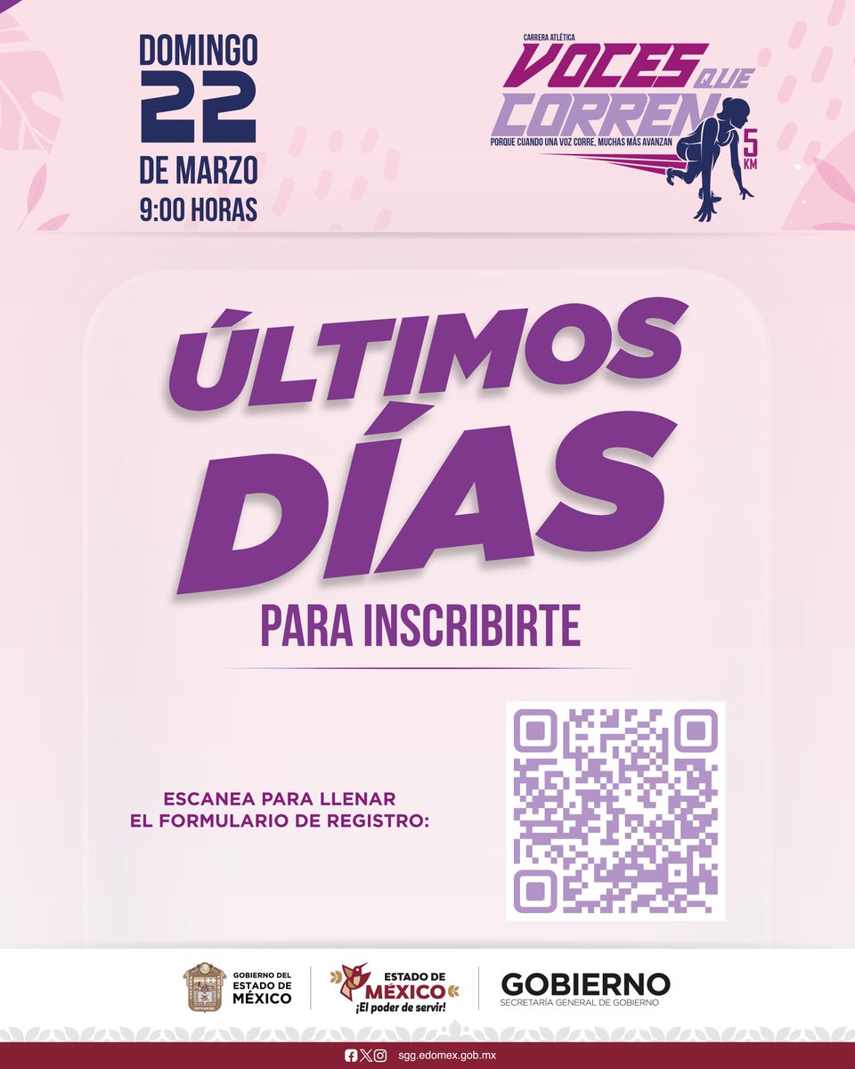 SGGEdomex's tweet photo. 🚨Quedan pocos lugares disponibles. Si aún no te has inscrito, este es el momento.
 
La Carrera Atlética “Voces que Corren” es un espacio que reconoce la fuerza, la energía y la participación de las mujeres a través del deporte.  🏃‍♀️ https://t.co/7U7GXf7dA3