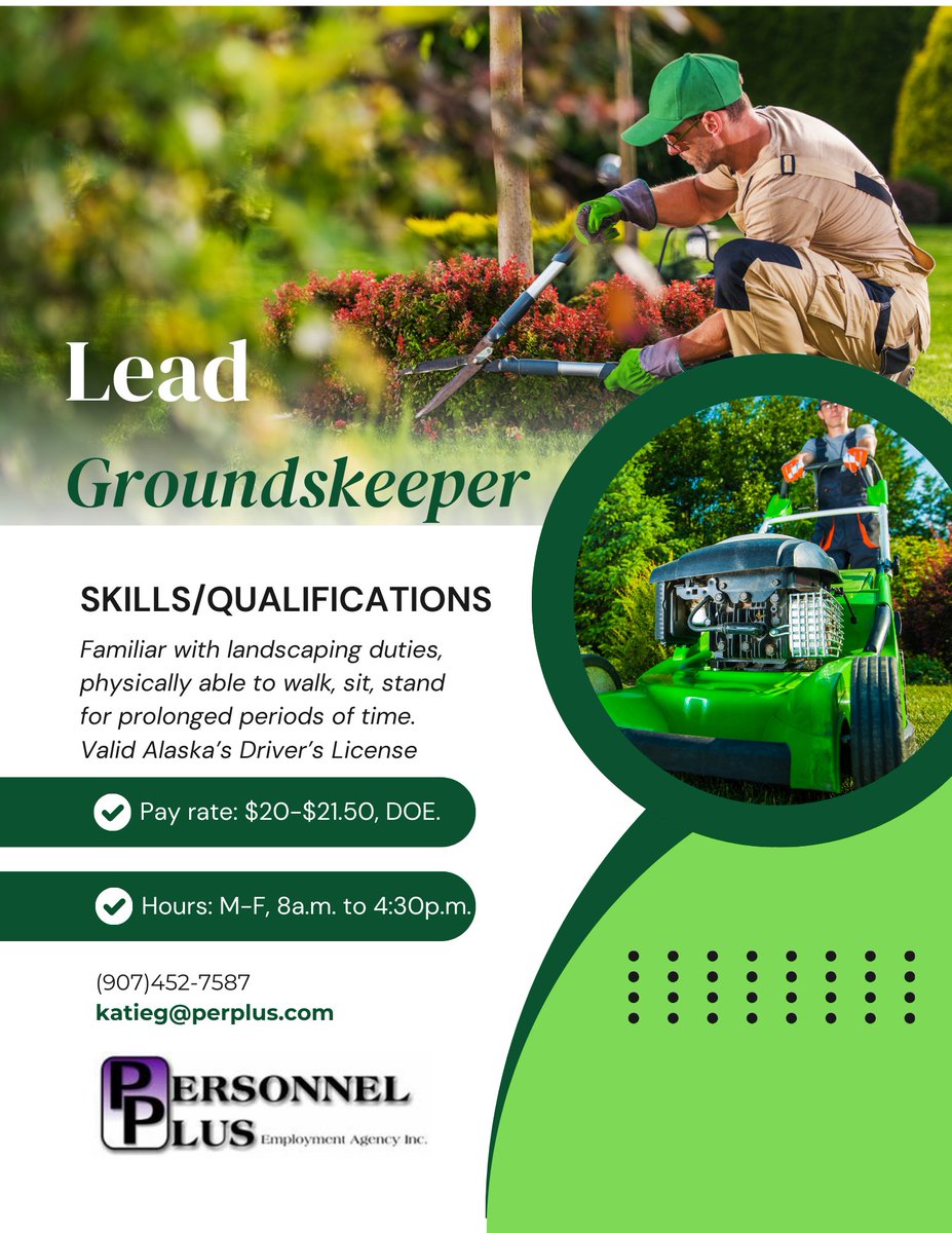 perplus99709's tweet photo. Looking for Lead Groundskeeper. Give us a call at (907)452-7587. https://t.co/qxmXRAj5OX