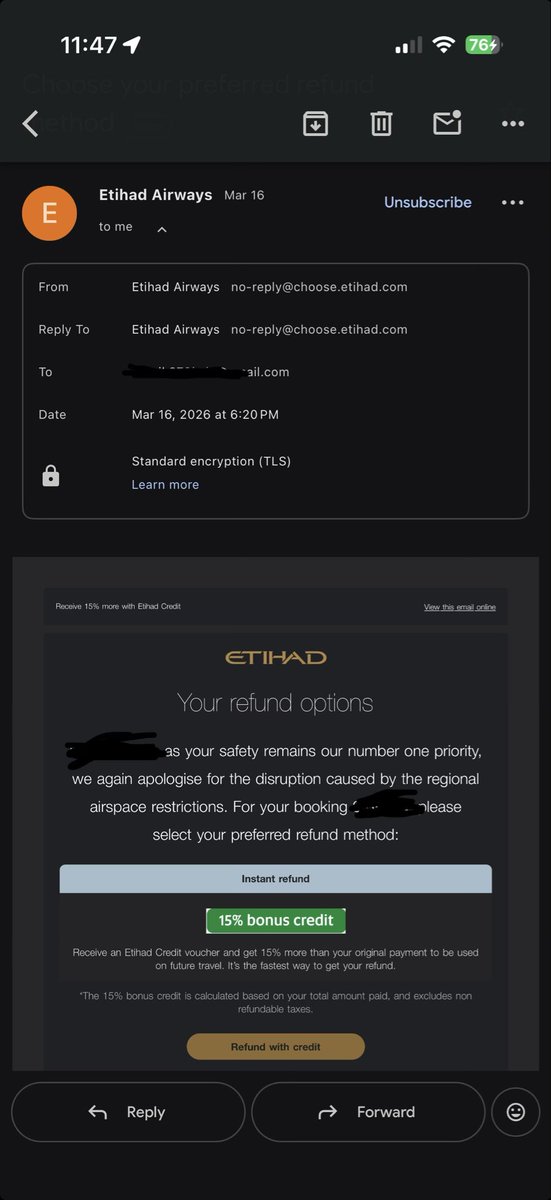 NirmikK's tweet photo. @etihad @EtihadHelp 

I have an email from no-reply@choose.etihad.com about a 15% bonus credit to use in future due to inconvenience in my recent trip through abu dhabi. Im not sure if this is legit. Any suggestions please? https://t.co/lrc1SOS2vK