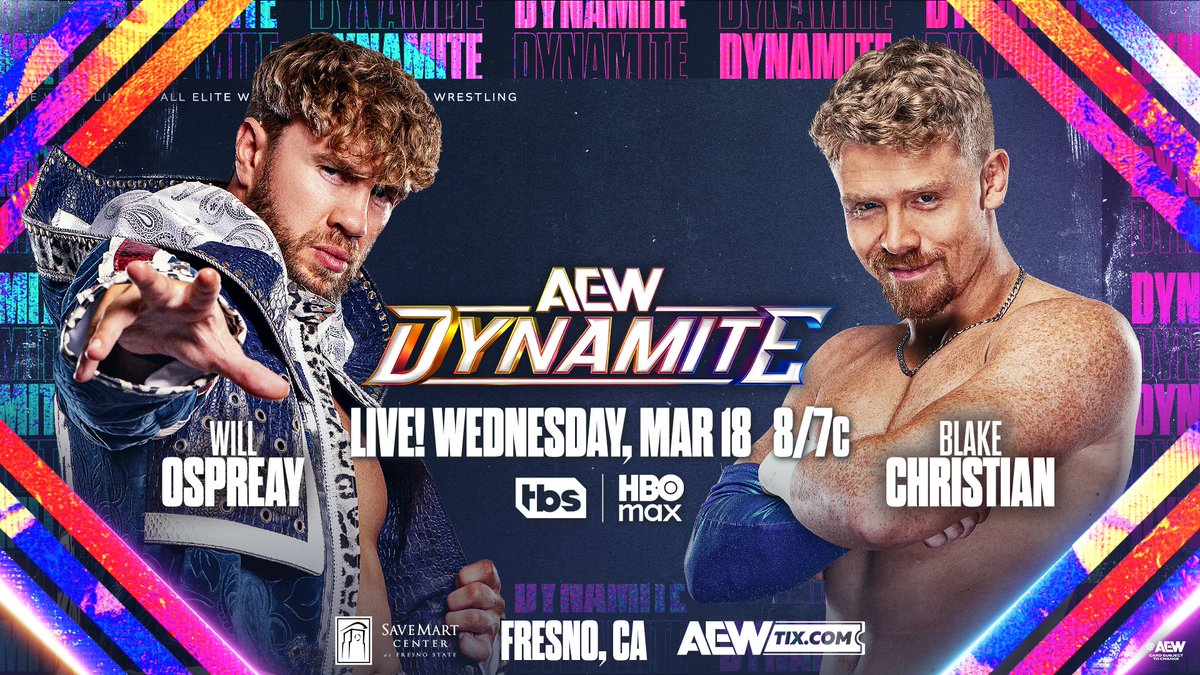 TonyKhan's tweet image. Wednesday Night #AEWDynamite
8/7c, on TBS + HBO Max
TOMORROW NIGHT, 3/18

@WillOspreay vs @_BlakeChristian

After captivating the wrestling world returning at #AEWRevolution Sunday night and targeting @JonMoxley,
Will Ospreay will return to the ring vs Blake Christian TOMORROW!
