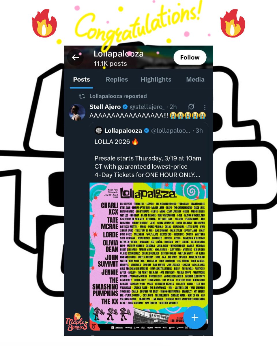 STELL GOT RETWEETED BY LOLLAPALOOZA! ANOTHER TARGET AUDIENCE ACQUIRED!

We are beyond excited to watch Stell and SB19 represent on the global stage at Lollapalooza! 🇨🇦❤️🇵🇭 Witnessing P-pop history in the making. See you at the front row! It seems #Lollapalooza is also excited to