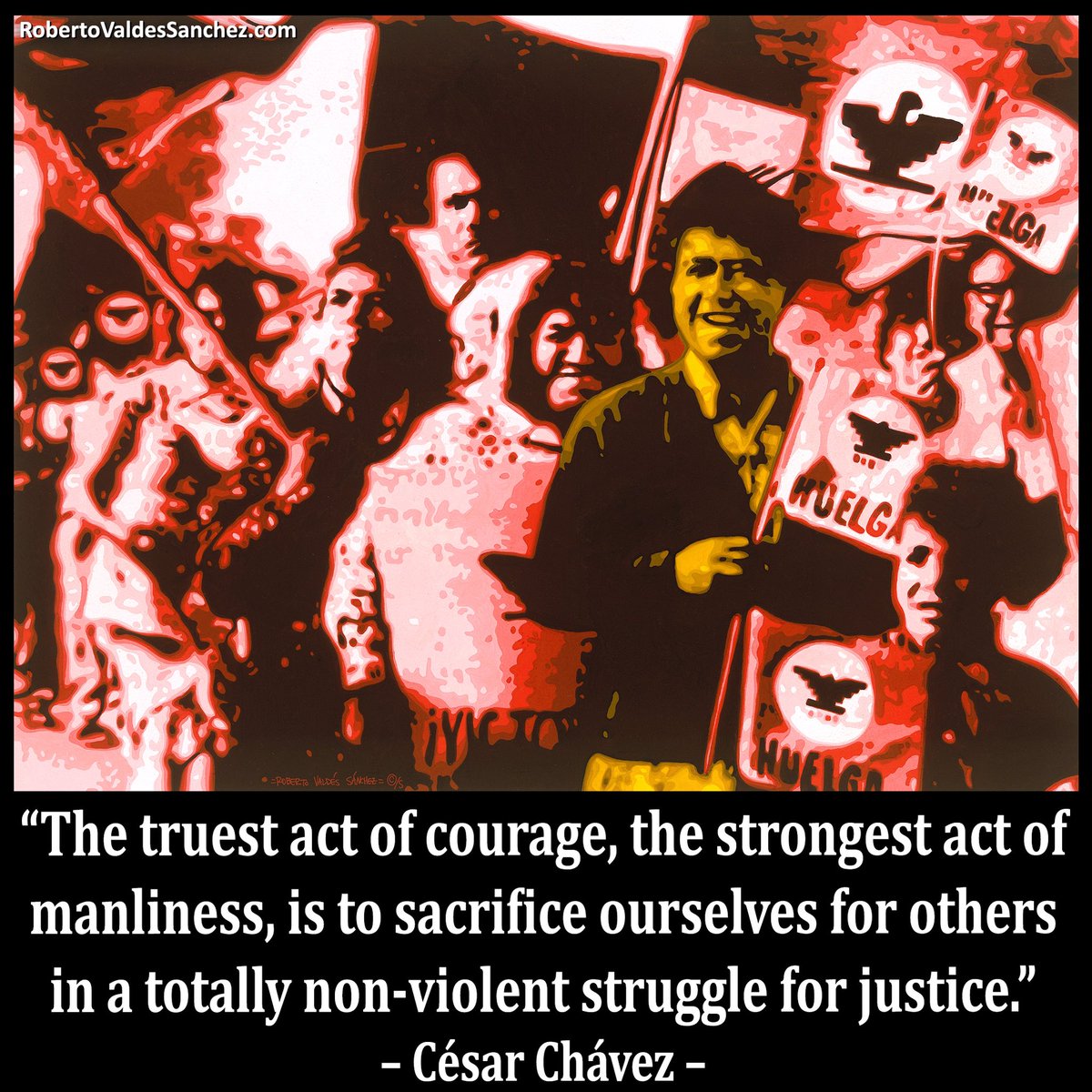 RVS_ChicanoArt's tweet photo. On this day (March 17) in 1966…

César Chávez lead a group of strikers on a historic 340-mile march from Delano to the California State Capitol in Sacramento, to draw national attention to the plight of the farmworkers.

•

Artwork:
“El Hombre de Oro” (2005) – gouache paint 🎨 https://t.co/f1Ulsk8wwQ