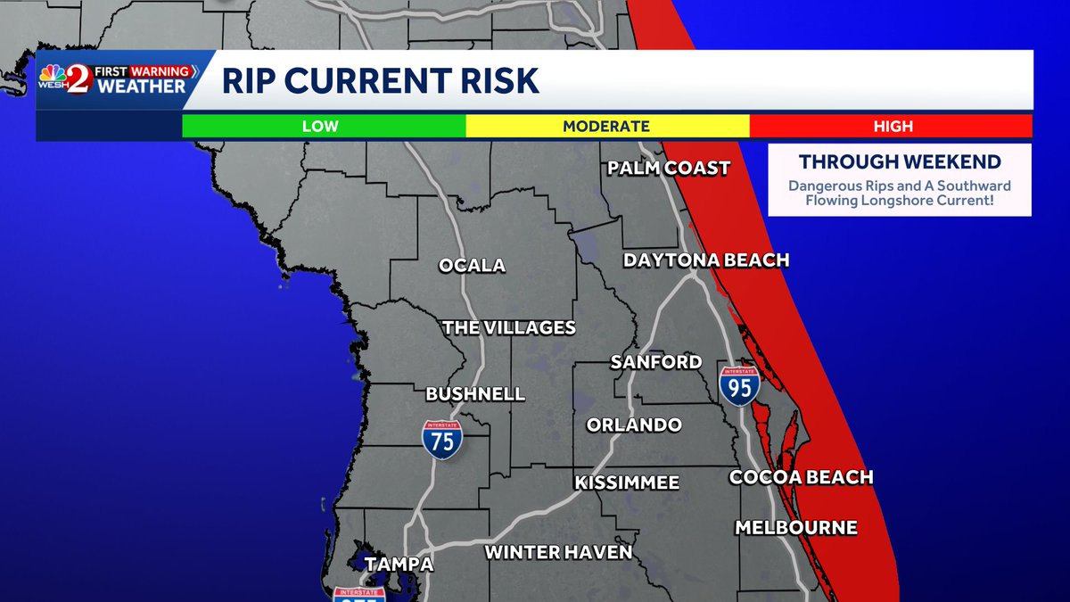 TMainolfiWESH's tweet photo. Another big swing in temperatures, in the warmer direction, will head to Central #florida this weekend. Dangerous #RipCurrents will remain a concern for #SpringBreakers. #weshwx https://t.co/9R7FZopHoY