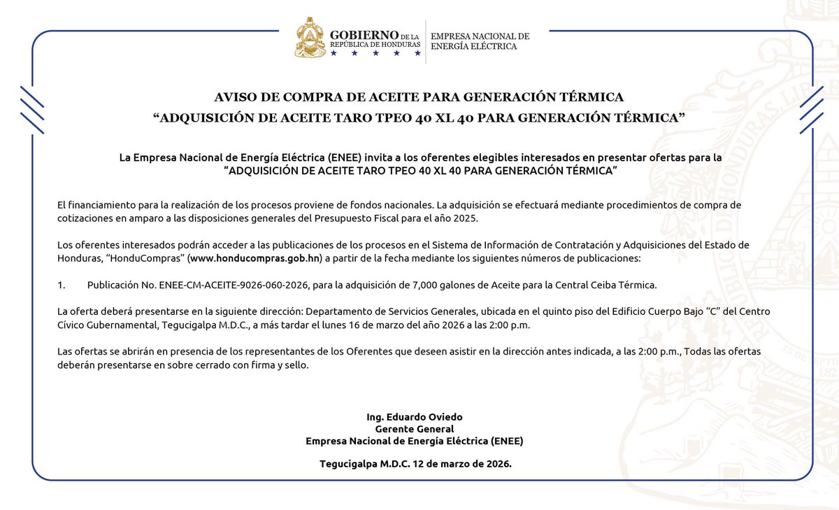 NebadonTechHn's tweet photo. La ENEE ha publicado un nuevo proceso de adquisición de aceite para generación térmica. 
En Nebadon Technology, acompañamos a oferentes en la optimización de procesos, cumplimiento normativo y gestión técnica, asegurando que cada participación sea sólida y competitiva. https://t.co/kRjLm8XWGj