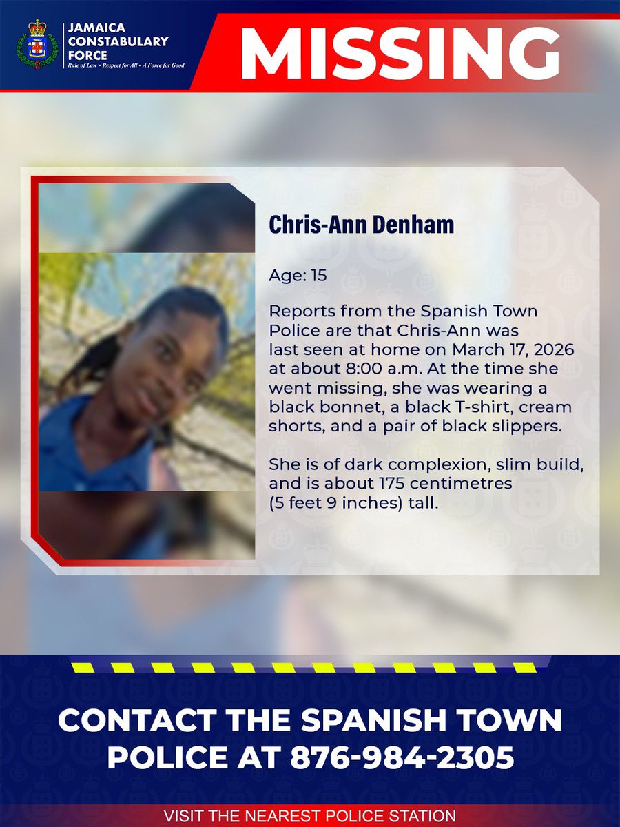 JamaicaConstab's tweet photo. Help us locate missing Chris-Ann Denham. If you know her whereabouts, please call the Spanish Town Police or the nearest police station. 

#AnandaAlert #Missing https://t.co/iqsKSLP01e