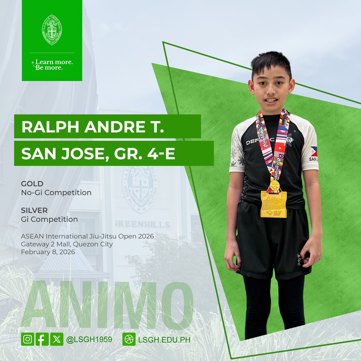 Strength, skill, and an unstoppable spirit on the mats!
Congratulations to Ralph Andre San Jose of Grade 4‑E for his outstanding performance at the ASEAN International Jiu‑Jitsu Open 2026, held at Gateway Mall 2. With fierce determination and impressive technique, Ralph delivered