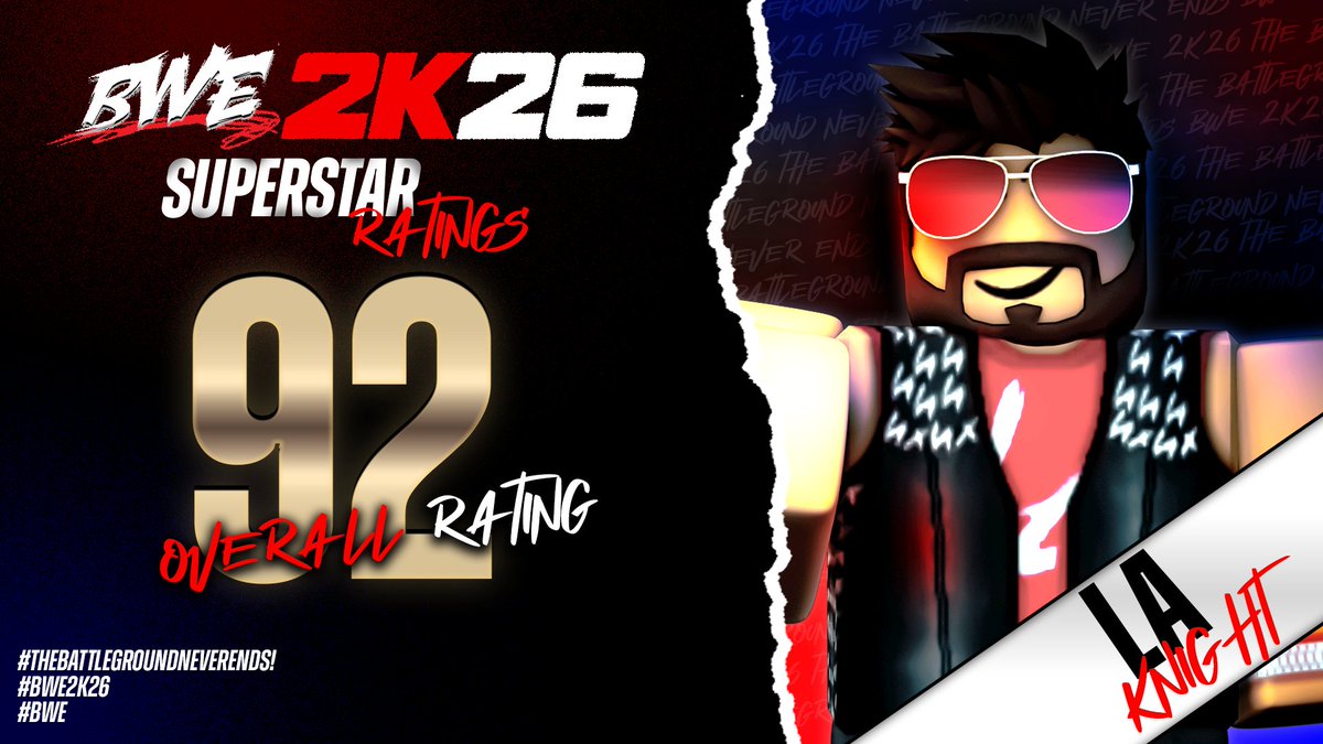 BWENetwork2021's tweet photo. #BWE2K26 Superstar Rating Reveal!!!
YEAH!!! LA Knight's Official Overall Rating is 92! https://t.co/wNMJHYKaeZ