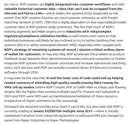 rebv808's tweet photo. $ROP
As smoke clears re SaaSpocalypse fears of AI becoming an infinite appstore, software's shown relative strength during US/Iran vol; won’t try to “post-dict” as to why. Interesting to go thru the rubble for names maybe least affected by AI concerns.
IMHO, VMS rollup ROP is one https://t.co/BbrJov2X1K