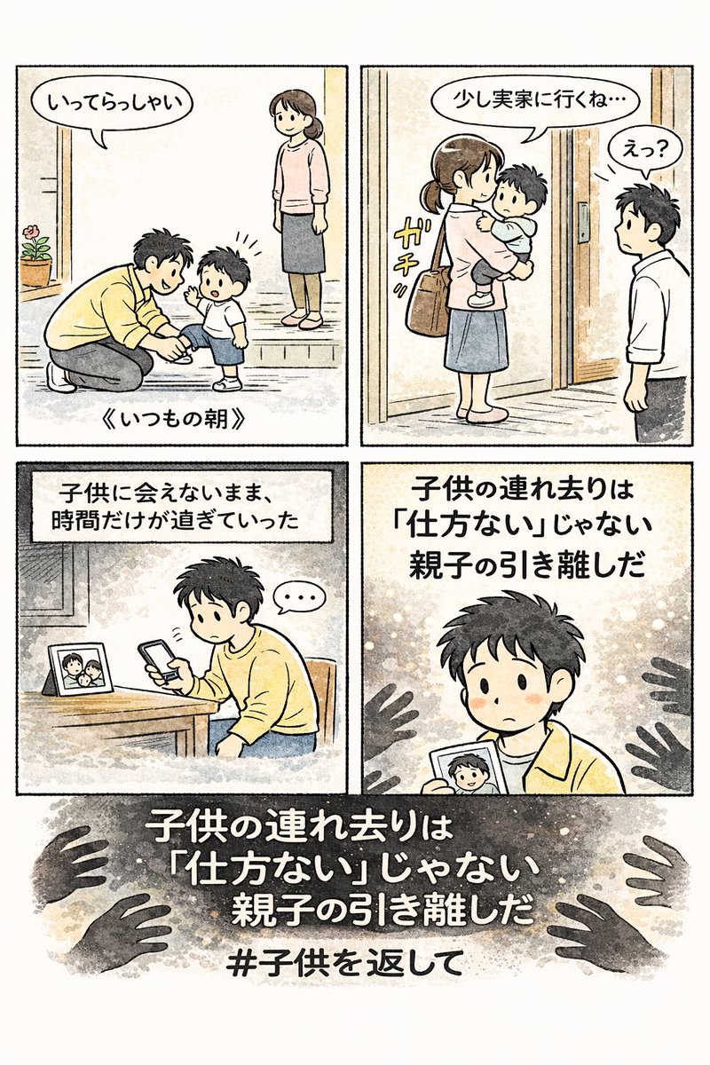 4月1日の「共同親権制度」施行まで残り14日。たとえ男でも警察官でも連れ去りをするしそれが結果的に許されてしまってる世界。共同親権制度によって異常な今のような事態が少しでも変わってほしい。これ以上子を巻き込むことが横行してはダメ。悲しませるようなことしてはダメ。簡単に離婚しちゃダメ