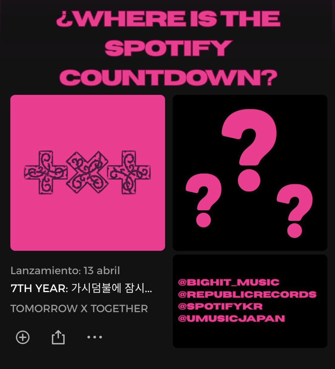 txtonmx's tweet photo. Hola, MOAs 🌟

Ha iniciado el llamado a BigHit para añadir la cuenta regresiva de pre-save en Spotify para 7TH YEAR.

— Comenten lo siguiente + sus 3 canciones favoritas de TXT:

“Hi @BIGHIT_MUSIC @RepublicRecords @umusicjapan @SpotifyKR, please ADD a COUNTDOWN for @TXT_bighit Mini Album “7TH YEAR: A Moment of Stillness in the Thorns” on their Spotify page to pre save.
#AddSpotifyCountdownForTXT”