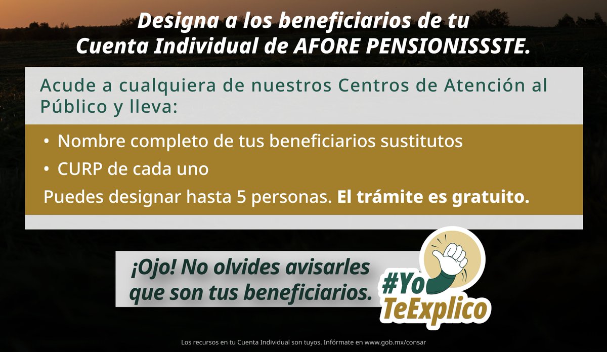 PENSIONISSSTE_'s tweet photo. 🫂No lo dejes para despuésa quienes tienes que designar hoy.

💚En AFORE PENSIONISSSTE @PENSIONISSSTE_ te acompañamos en el proceso.

📍Consulta nuestras direcciones: https://t.co/lHlNrMEFZ6

#AhorroParaElRetiro #AFOREMéxico  #TrámitesAFORE #BienestarFinanciero https://t.co/K4kr5LFlzg
