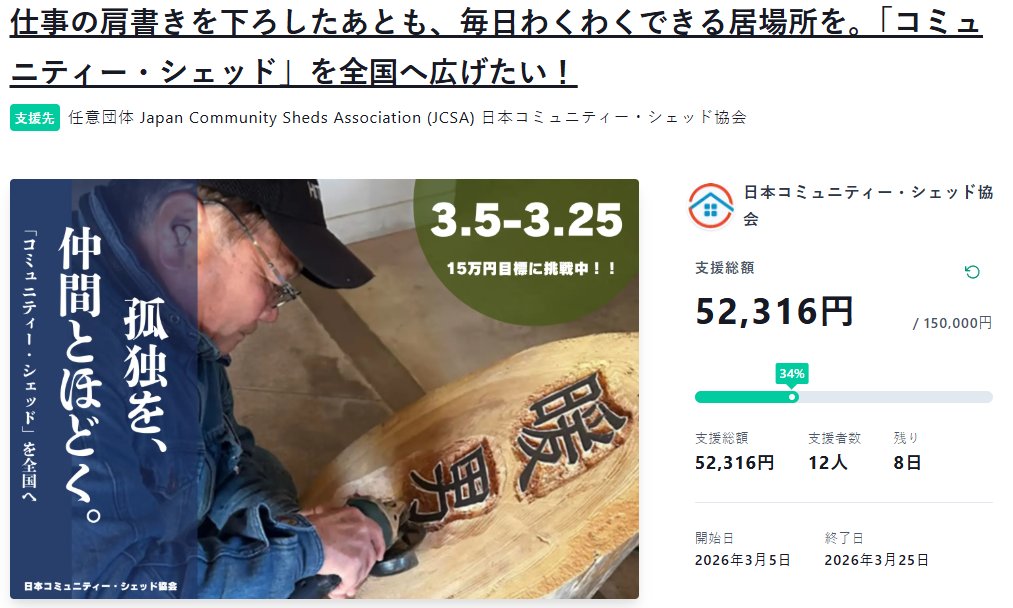 jcsasheds's tweet photo. 【クラファン開始から2週間】 これまで12名の方��らご支援いただきました。皆さまのコメントが励みになっております。本当にありがとうございます。 コミュニティー・シェッドを広めるために、まだまだ皆さまのお力が必要です。引き続き、応援や拡散をどうかお願いします！ https://t.co/zAbv4hw06B