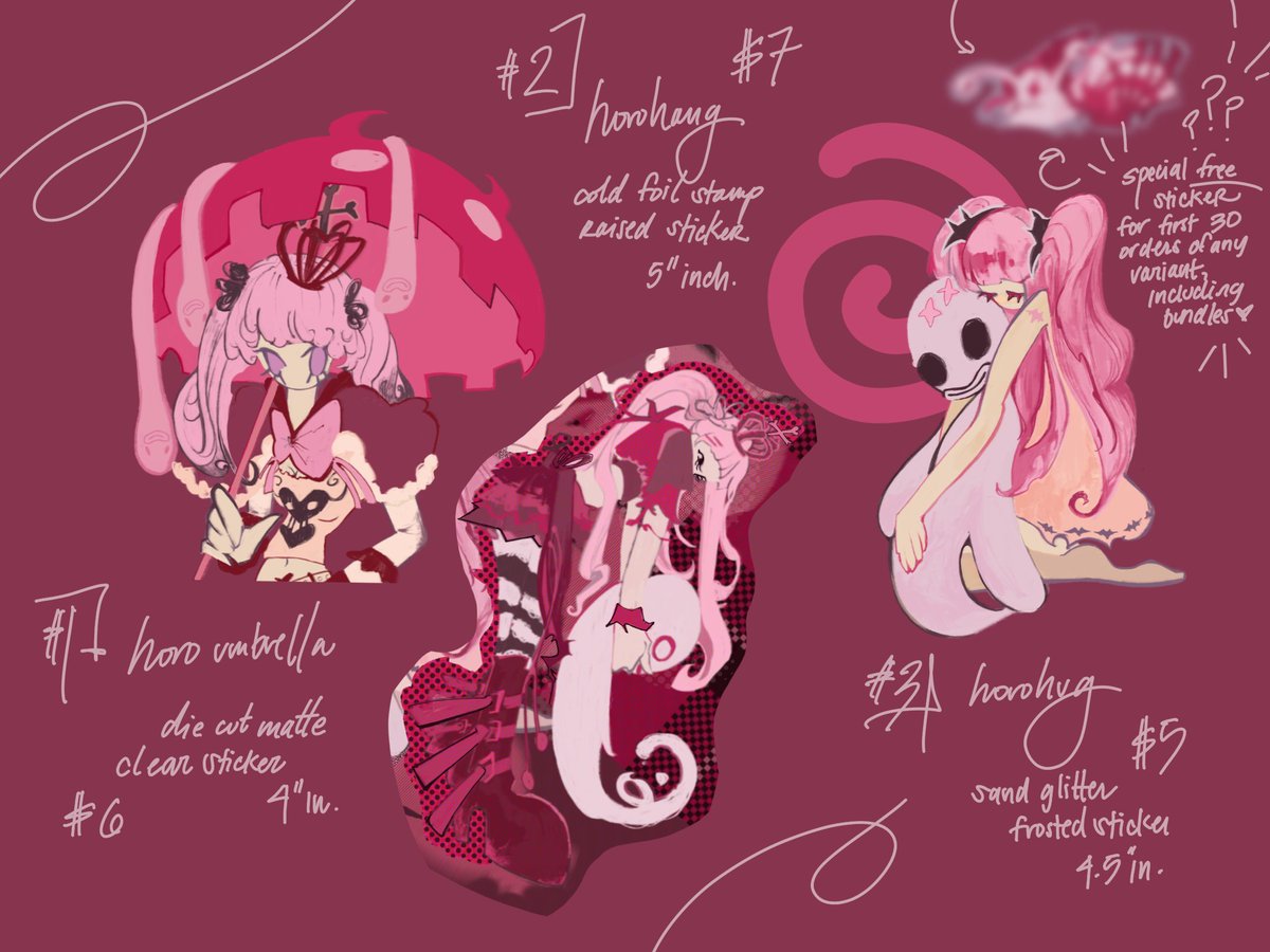 love, #perona collection: the horo trio! 

up for preorder! product results may subject to change but overall these are the final designs 💞 my first 30 orders of these lovelies will get a special free mystery sticker 🩷  #onepiece

order here: minkisrealm.bigcartel.com/product/horo-u… ❤️