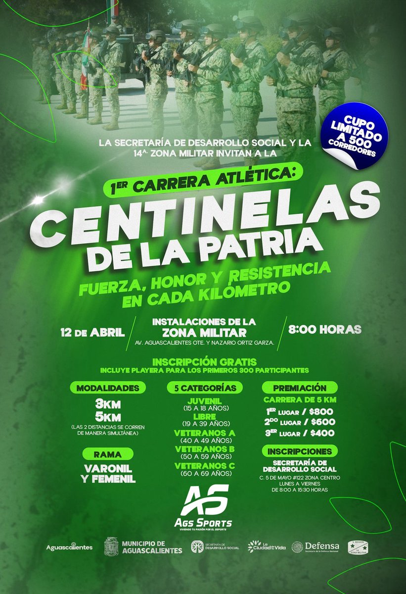 🏃‍♂️👟 ¡Prepara los tenis! El <a href="/MunicipioAgs/">Municipio de Aguascalientes</a> y la XIV Zona Militar lanzan la convocatoria para la 1ª Carrera Atlética “Centinelas de la Patria”.

📍 Sede: XIV Zona Militar 
📅 Cita: 12 de abril 
📝 Inscripciones GRATIS a partir de HOY en Sedesom.
¡Cupo limitado a 500 corredores! 🕒