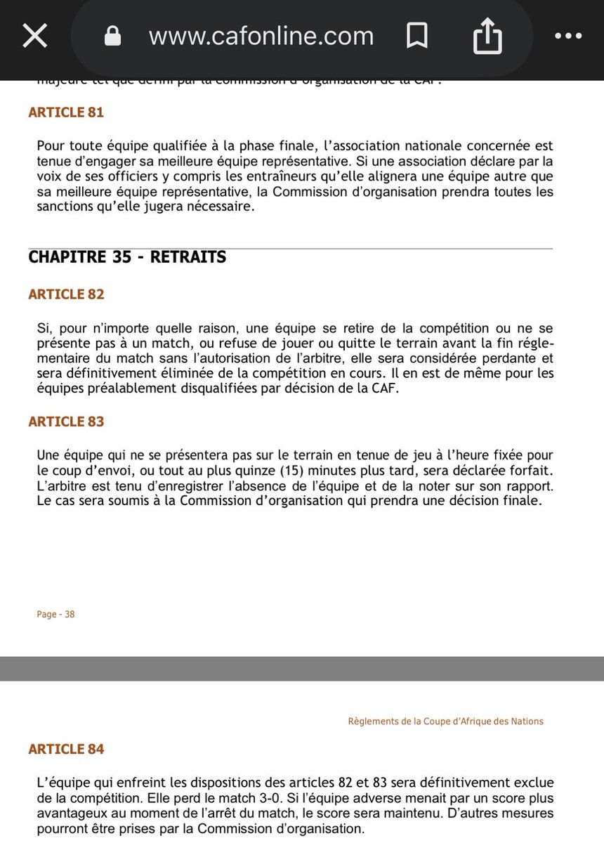 WesternSaharaQ's tweet image. La #CAF n’a fait qu’appliquer les articles 82 et 84 du règlement de la Coupe d’Afrique des Nations.

En supposant que le #Sénégal saisisse le #TAS… la seule mission du TAS est de statuer sur la légalité de la décision. La loi est claire, et le monde entier a vu le scandale de