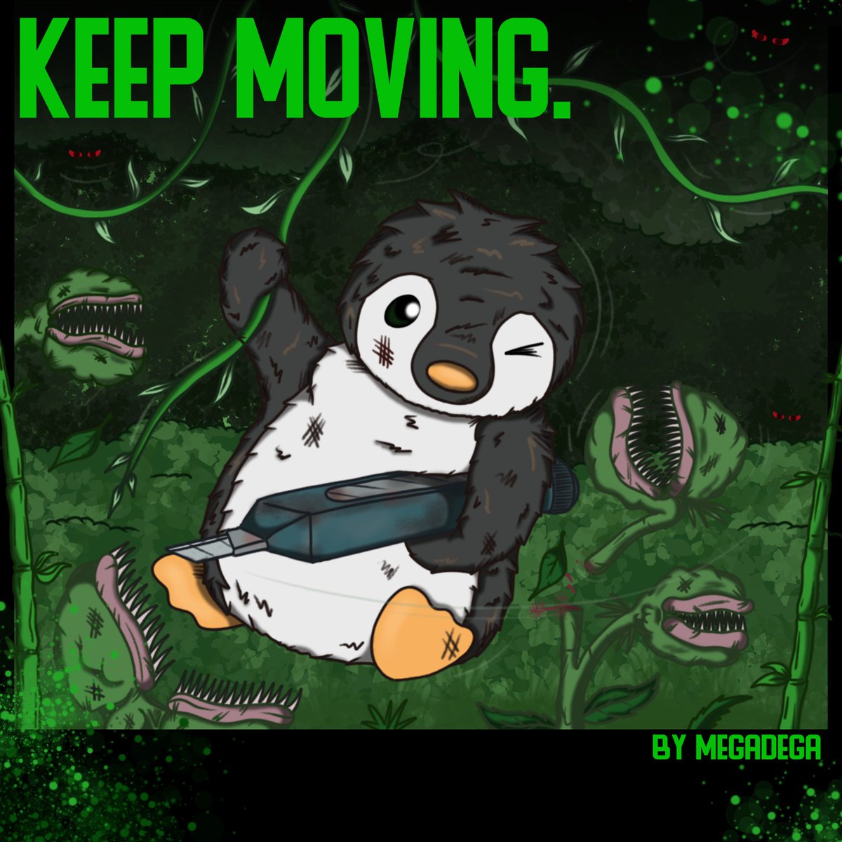 Megablega's tweet photo. Continuing my series of action-packed penguin madness with a green jungle theme! Support the madness over at https://t.co/ORvjg2Mwb7 🐧🍃 https://t.co/nMzJXQ2T6N