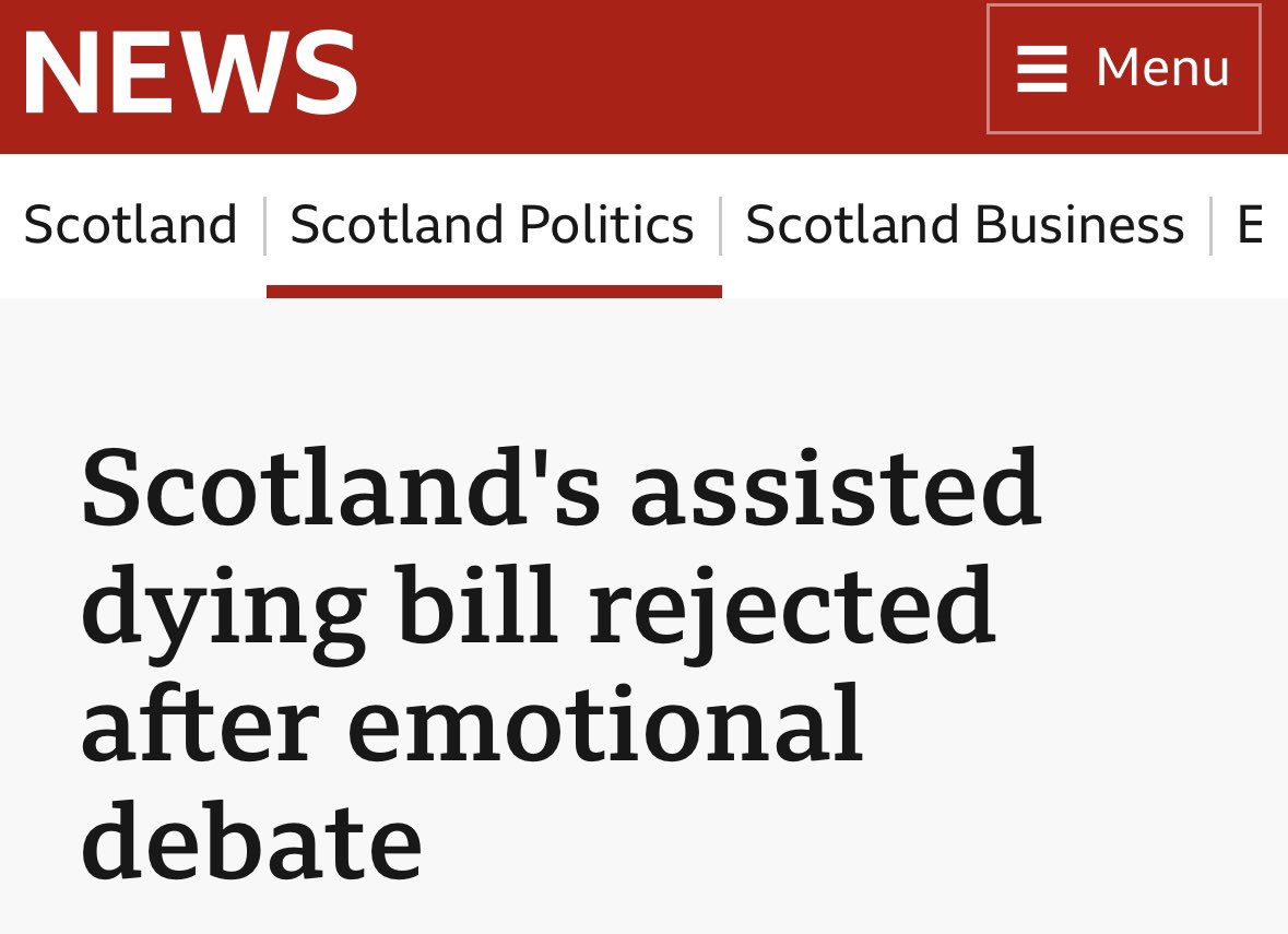 JamesMelville's tweet photo. Scotland 🏴󠁧󠁢󠁳󠁣󠁴󠁿 

MSPs have rejected the chance to make Scotland the first part of the UK to legalise assisted dying. 

The right decision. https://t.co/Prf7wPBcui