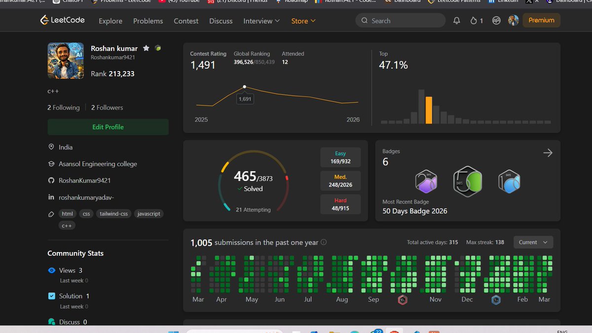 cseroshan2028's tweet image. One year ago, on 18/03/25, I made the decision to start LeetCode daily — the best decision of my life. The only remaining topics are DP, some graph parts, and I plan to focus more on contests going forward
#LeetCode  #dsa