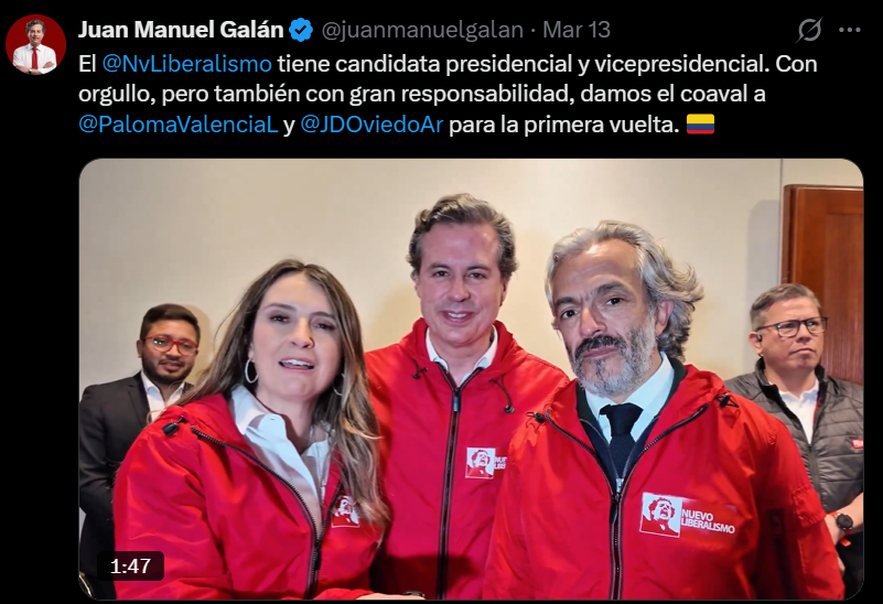 Termómetro político
En medio de la inmediates Juan Manuel Galán trata de candidata a Juan Daniel Oviedo formula vicepresidencial de la candidata presidencial Paloma Valencia.