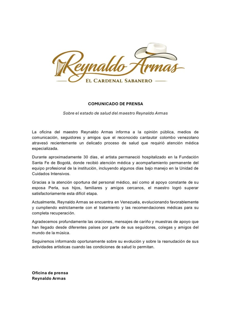 Oramos por la pronta Recuperación del Gran Cardenal Sabanero Reynaldo Armas <a href="/reynaldoarmas/">reynaldo armas</a>  Desde El Show De Reynaldo Armas y Sus Invitados @elshowraysusinvitados; Radiofolclorllanero Punto Com @folclorllan y De su Servidor Miguel Ojeda @soymiguelojeda ;Son nuestros deseos.
