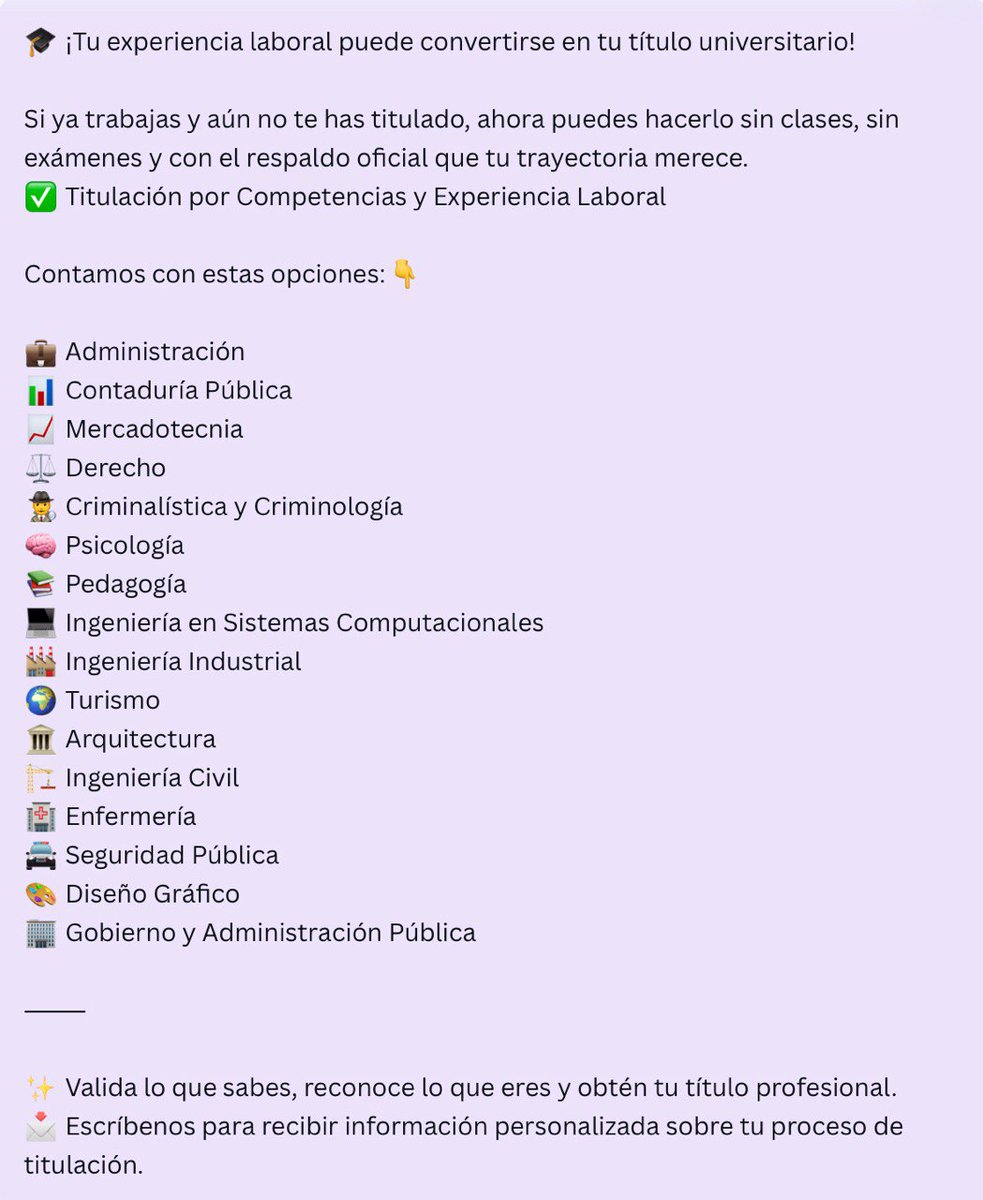 Si tienes al menos 5 años trabajando en una actividad directamente relacionada con una carrera, eres firme candidato a lograr un Título Universitario. Info: wa.me/525554319191