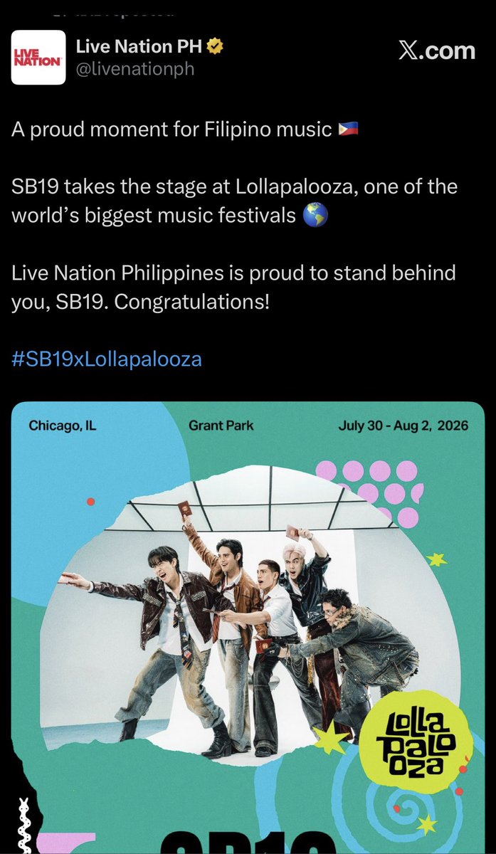curlycleng's tweet photo. The hype around SB19 heading to Lollapalooza hits different when you really know their story.

They started with nothing but guts, talent, and perseverance. No safety net—just the willingness to keep going. Instead of a welcoming industry, they were met with ridicule and disrespect for not fitting the mold of what Filipinos were used to seeing and hearing.

And if you’re deep into their lore, you’d know—being under a Korean company back then wasn’t even a flex. They didn’t get the full K-ent training system. They trained themselves. Became their own coaches. Their own mentors.

But they were raised right—resilient, grounded, and smart. They knew talent alone would only take them so far, so they kept grinding. They studied the market, understood what was missing, and prepared for a space they didn’t even have yet.

Their journey feels like a perfect storm of timing and tenacity—what seemed like a last shot ended up jumpstarting everything. And they never looked back.

They found their people—the ones who weren’t chasing trends but were hungry for something real, meaningful, and talent-driven. That’s A’TIN. A fandom that didn’t just support, but understood. Who saw Mahalima’s struggles and chose to stand with them.

From there, SB19 and A’TIN became a unit. Moving with one purpose: to bring their sound to the global stage.

And now, Lollapalooza isn’t just another gig. It’s a milestone. Proof of everything they’ve built from the ground up.

They may not have had the right backing in the beginning, but their talent, grit, and character earned them allies—just like how they earned A’TIN.

This moment?

Well-deserved. Hard-earned. And only the beginning.

PPOPKINGS FOR LOLLA2026
SB19 GOES LOLLA
@SB19Official
#SB19 #SB19xLollapalooza