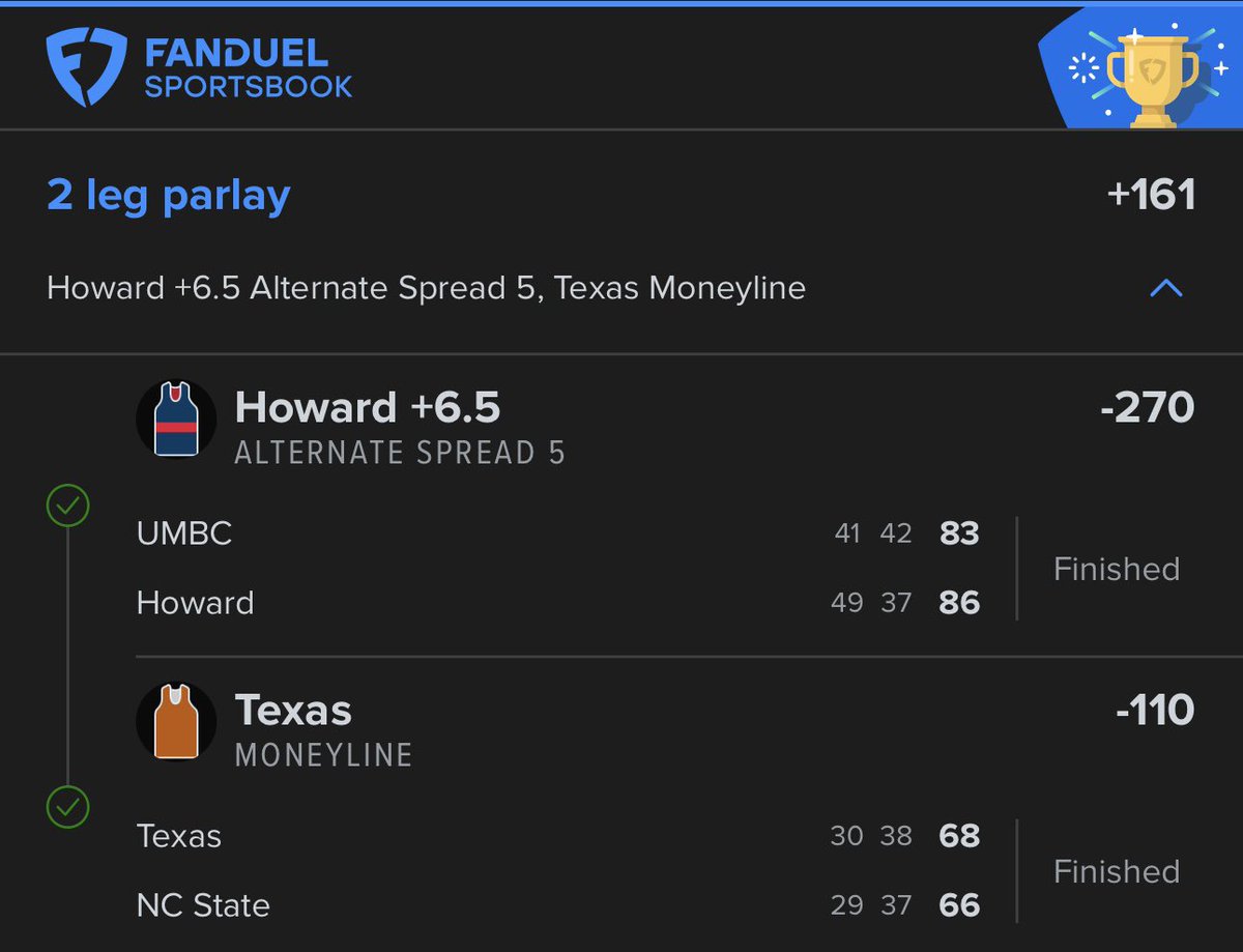 CBB Bet WIN ✅✅
NCAA Tournament First Four 4️⃣✅
Men’s College Basketball 🏀✅
MARCH MADNESS WINNER 🍀✅

Play In Parlay BANG (2 Legs +161) ✅✅
- Howard ✅
- Texas ✅

Tramon Mark hits game winner 🤯🤯🤯

More Madness all weekend ‼️🏀🤑
FOLLOW AND WIN ✅✅