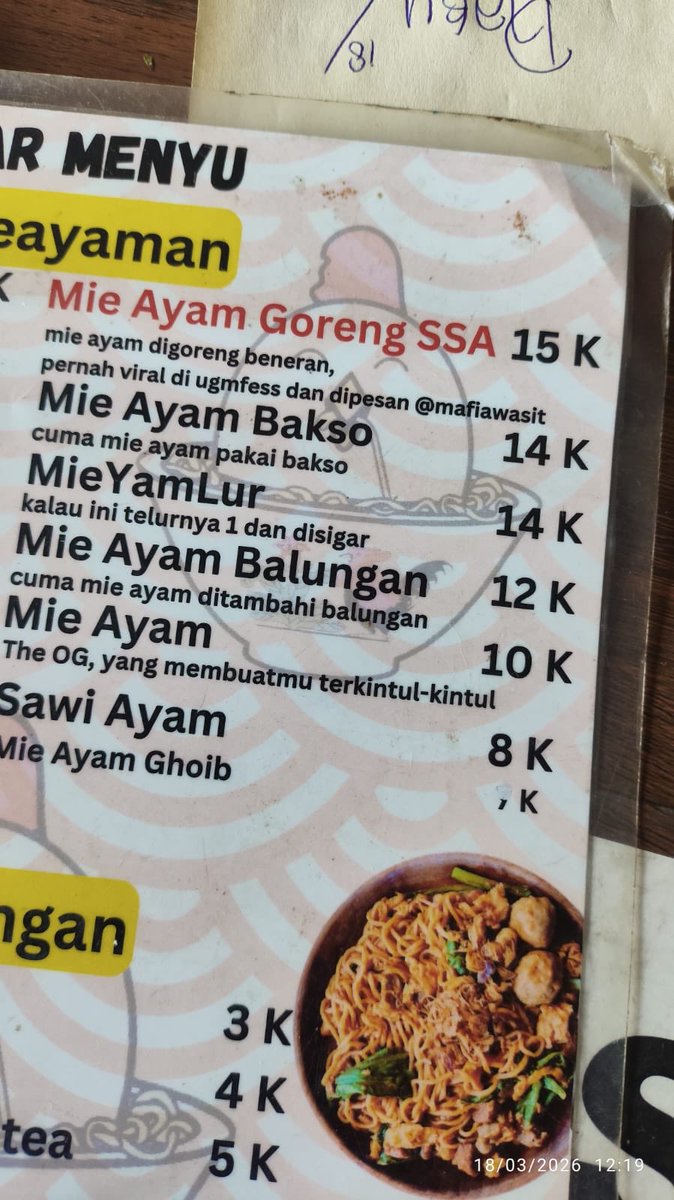 MafiaWasit's tweet photo. Mie Ayam Ghoib setunggal ya @PakSarmintul 

Mang menit ra diterke tak Cancel. https://t.co/WxQDDz3BVk